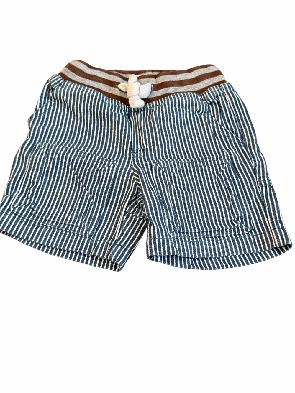 Mini Boden, Blue and White Striped Shorts with Brown Waistband, Size 1 1/2